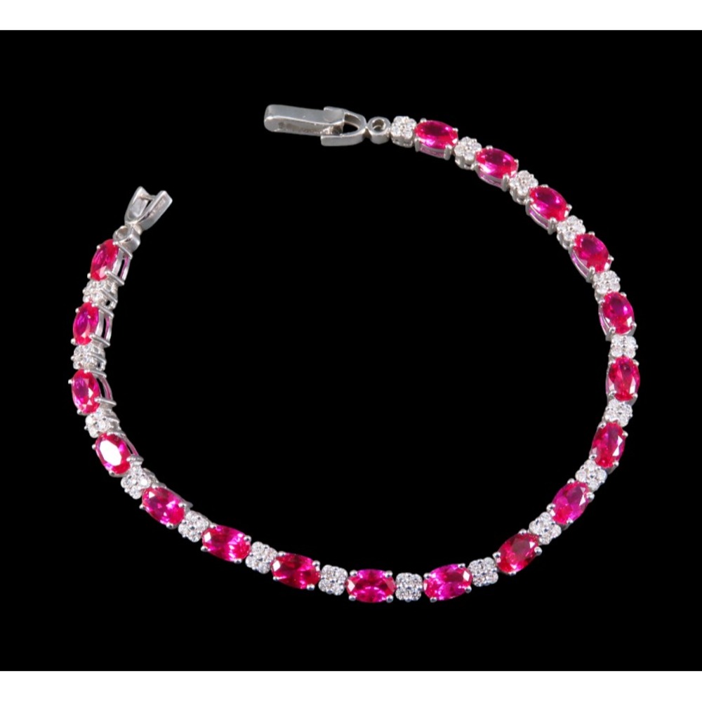 STERLING SILVER Tennis Bracelet FUCHSIA PINK SAPPHIRES Lab-Created w/Topaz Trim - Picture 8 of 9